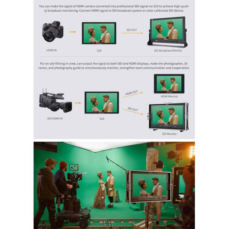 FEELWORLD S10 10.1 inch 12G SDI HDMI2.0 Camera Field Monitor High Brightness 1200nit Touchscreen Monitor, S10