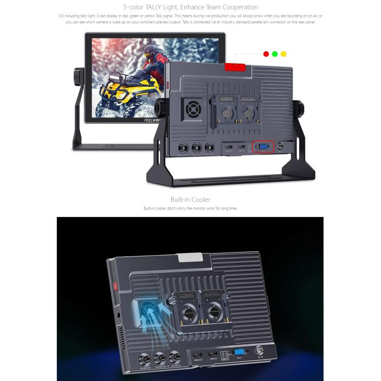 FEELWORLD S10 10.1 inch 12G SDI HDMI2.0 Camera Field Monitor High Brightness 1200nit Touchscreen Monitor, S10