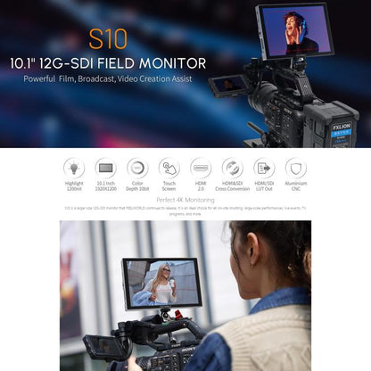 FEELWORLD S10 10.1 inch 12G SDI HDMI2.0 Camera Field Monitor High Brightness 1200nit Touchscreen Monitor, S10