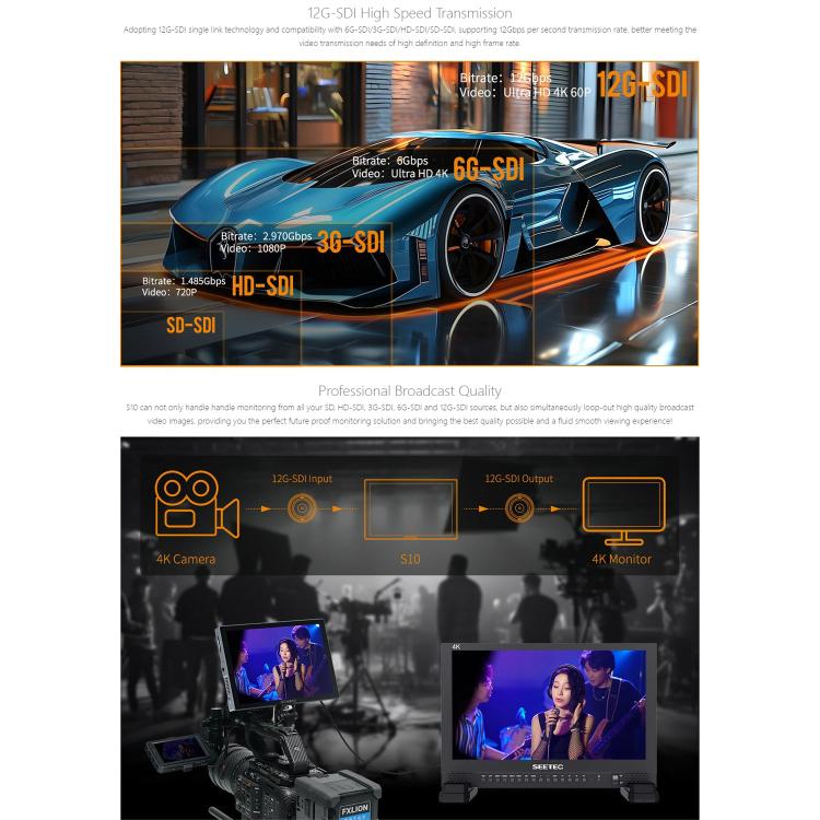 FEELWORLD S10 10.1 inch 12G SDI HDMI2.0 Camera Field Monitor High Brightness 1200nit Touchscreen Monitor, S10