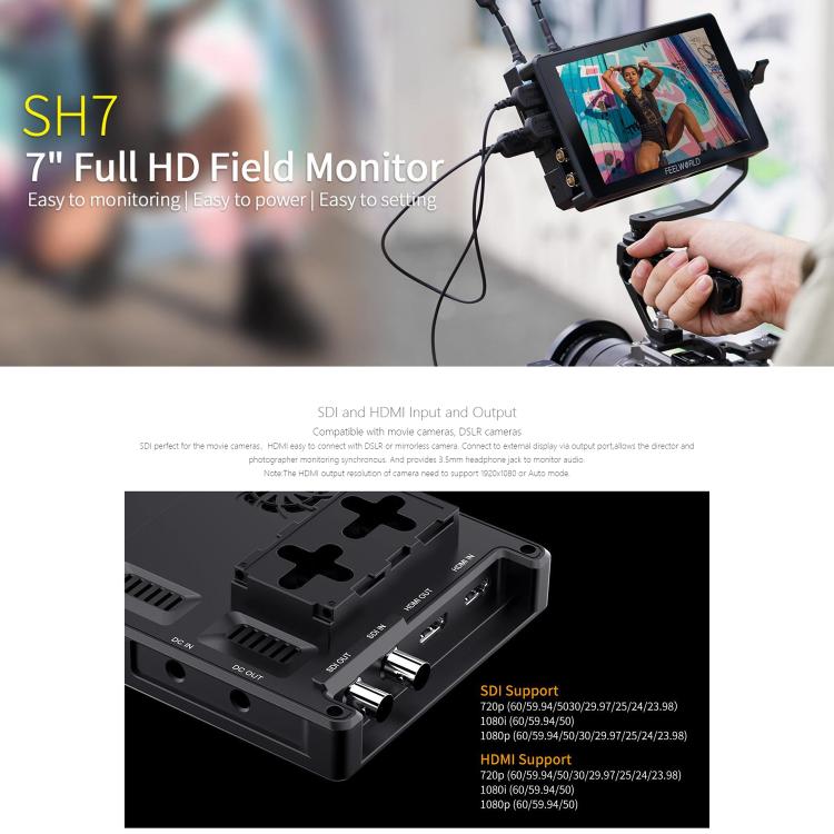 FEELWORLD SH7 7 inch Ultra Bright 2200nit On-camera Monitor SDI HDMI Cross Conversion Monitor, SH7