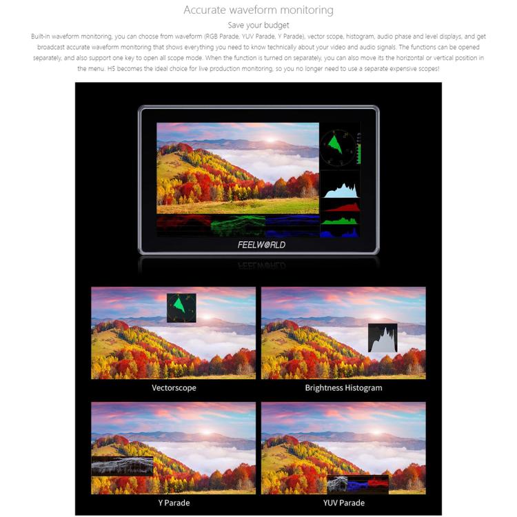 FEELWORLD H5 5.5 inch 12G SDI HDMI 2.0 Camera Field Monitor High Brightness 1200nit Touchscreen Monitor, H5