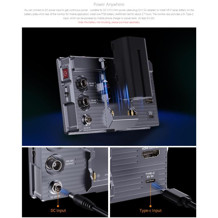 FEELWORLD H5 5.5 inch 12G SDI HDMI 2.0 Camera Field Monitor High Brightness 1200nit Touchscreen Monitor, H5