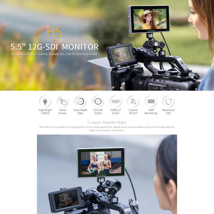 FEELWORLD H5 5.5 inch 12G SDI HDMI 2.0 Camera Field Monitor High Brightness 1200nit Touchscreen Monitor, H5
