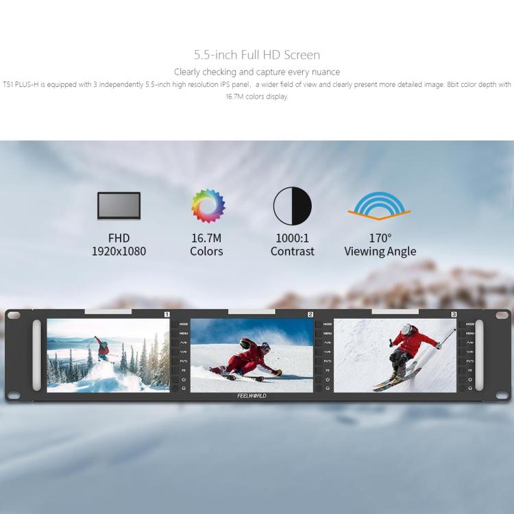 FEELWORLD T51 PLUS-H Triple 5.5 inch 2RU Rackmount Monitor Full HD 4K HDMI SDI AV Monitor, T51 PLUS-H