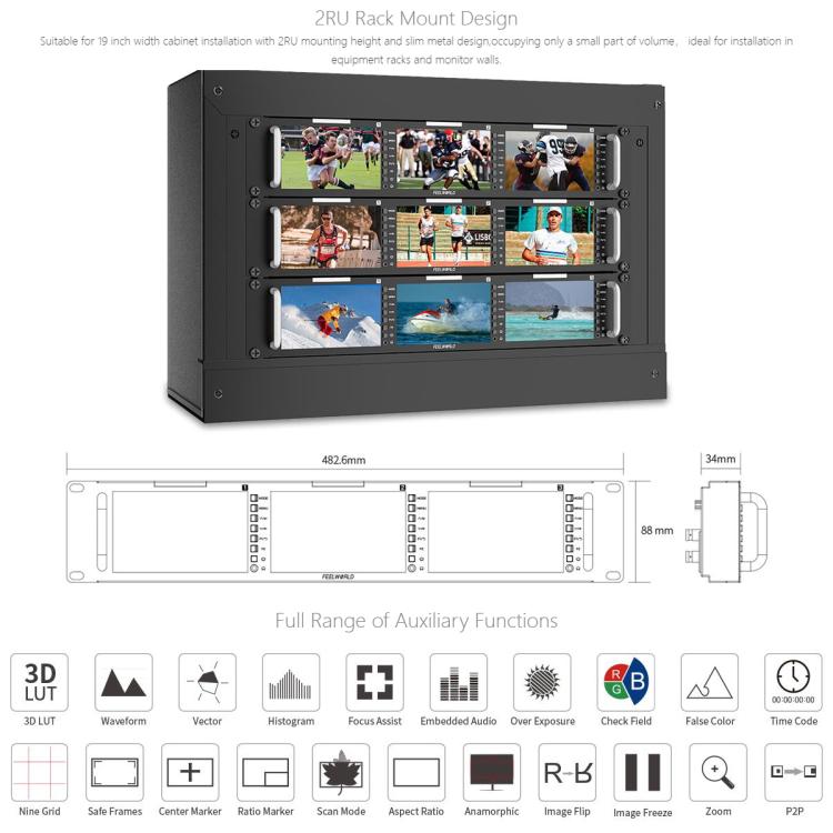 FEELWORLD T51 PLUS-H Triple 5.5 inch 2RU Rackmount Monitor Full HD 4K HDMI SDI AV Monitor, T51 PLUS-H