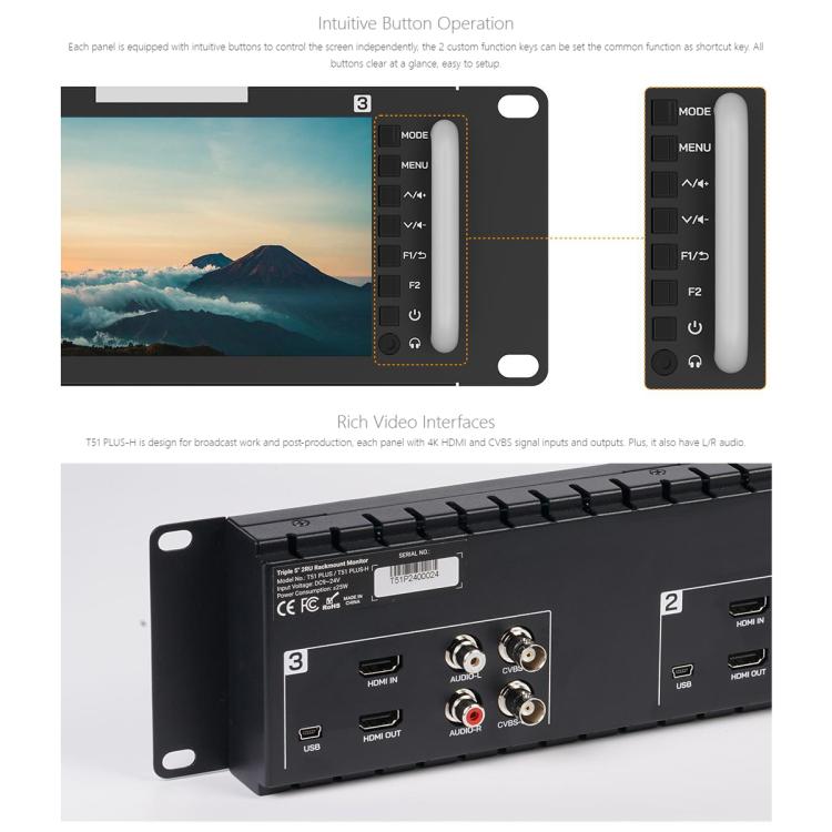 FEELWORLD T51 PLUS-H Triple 5.5 inch 2RU Rackmount Monitor Full HD 4K HDMI SDI AV Monitor, T51 PLUS-H