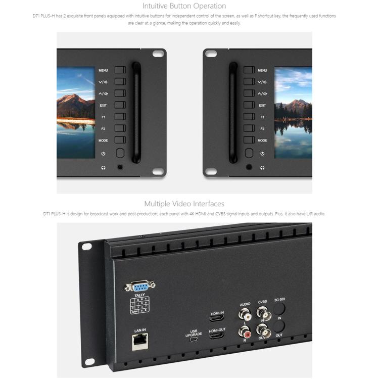 FEELWORLD D71 PLUS-H Dual 7 inch 3RU Rackmount Monitor 4K HDMI 1920 x 1200 IPS Monitor, D71 PLUS-H