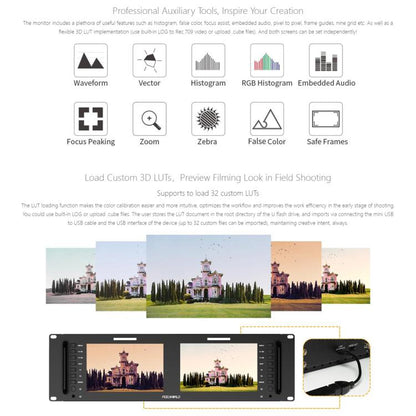 FEELWORLD D71 PLUS-H Dual 7 inch 3RU Rackmount Monitor 4K HDMI 1920 x 1200 IPS Monitor, D71 PLUS-H
