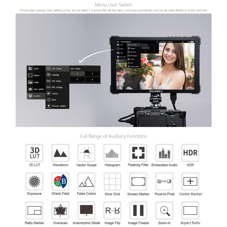 FEELWORLD T10 10.1 inch Aluminium DSLR Camera Field Monitor Touch Screen 4K HDMI Monitor, T10