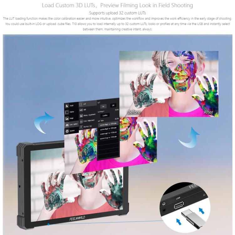 FEELWORLD T10 10.1 inch Aluminium DSLR Camera Field Monitor Touch Screen 4K HDMI Monitor, T10