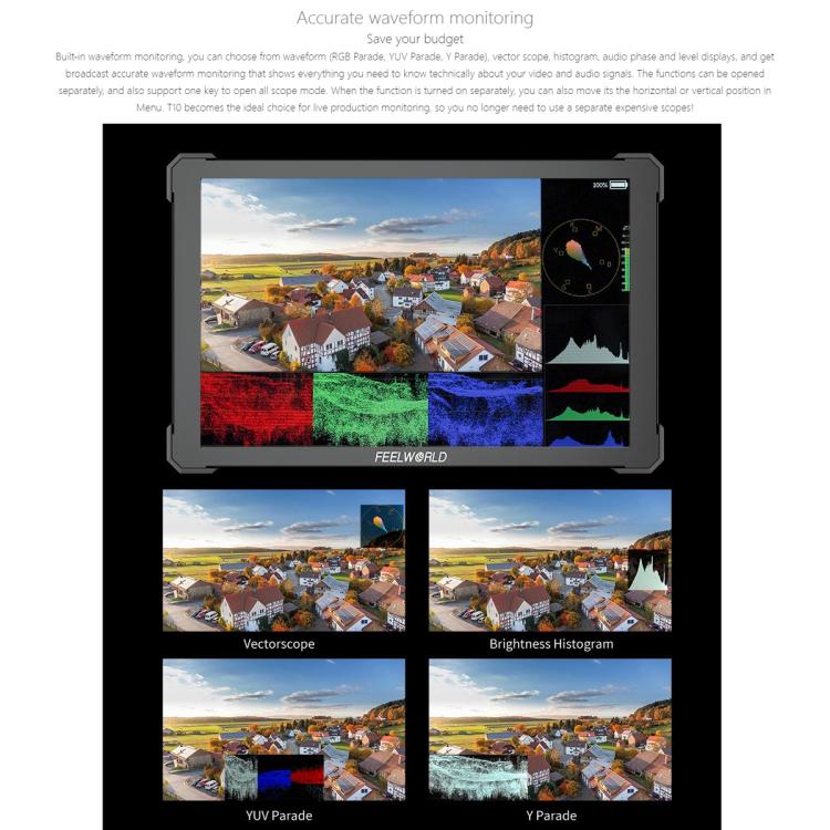 FEELWORLD T10 10.1 inch Aluminium DSLR Camera Field Monitor Touch Screen 4K HDMI Monitor, T10