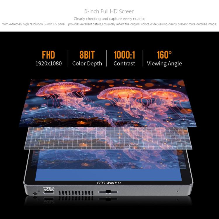 FEELWORLD P6XL 6.0 inch Aluminium Built-in Battery DSLR Camera Field Monitor Touch Screen 4K HDMI High Brightness 1200nit Monitor, P6XL