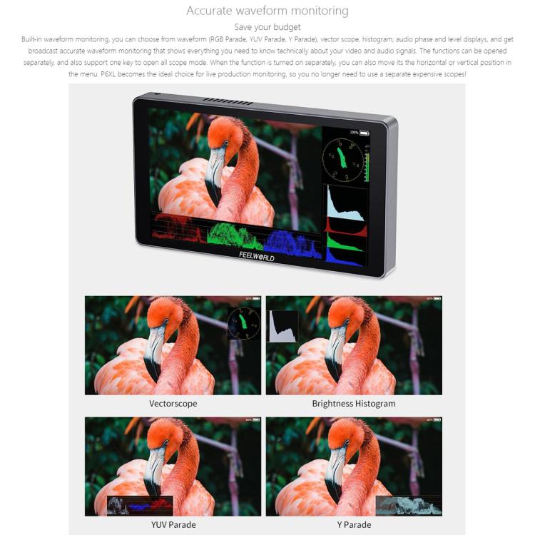 FEELWORLD P6XL 6.0 inch Aluminium Built-in Battery DSLR Camera Field Monitor Touch Screen 4K HDMI High Brightness 1200nit Monitor, P6XL