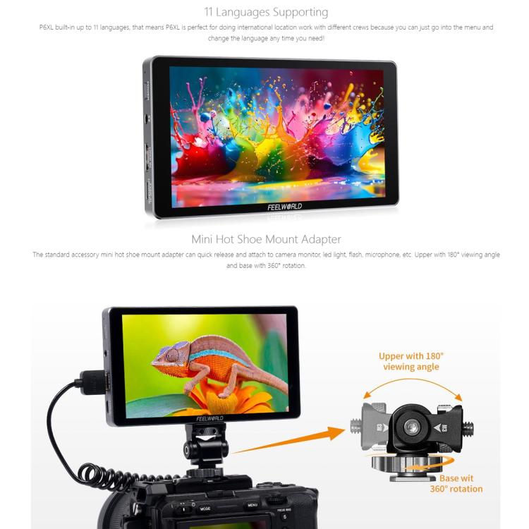 FEELWORLD P6XL 6.0 inch Aluminium Built-in Battery DSLR Camera Field Monitor Touch Screen 4K HDMI High Brightness 1200nit Monitor, P6XL