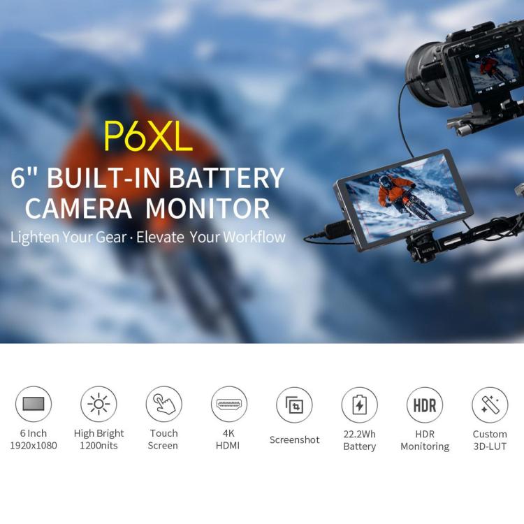 FEELWORLD P6XL 6.0 inch Aluminium Built-in Battery DSLR Camera Field Monitor Touch Screen 4K HDMI High Brightness 1200nit Monitor, P6XL