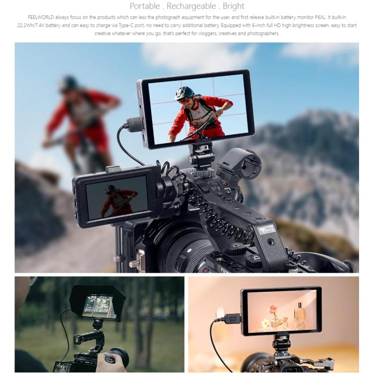 FEELWORLD P6XL 6.0 inch Aluminium Built-in Battery DSLR Camera Field Monitor Touch Screen 4K HDMI High Brightness 1200nit Monitor, P6XL