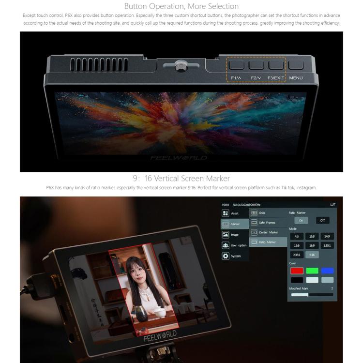 FEELWORLD P6X 5.5 inch Aluminium DSLR Camera Field Monitor Touch Screen 4K HDMI High Brightness 1000nit Monitor, P6X