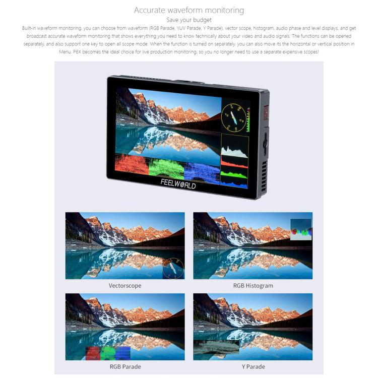 FEELWORLD P6X 5.5 inch Aluminium DSLR Camera Field Monitor Touch Screen 4K HDMI High Brightness 1000nit Monitor, P6X