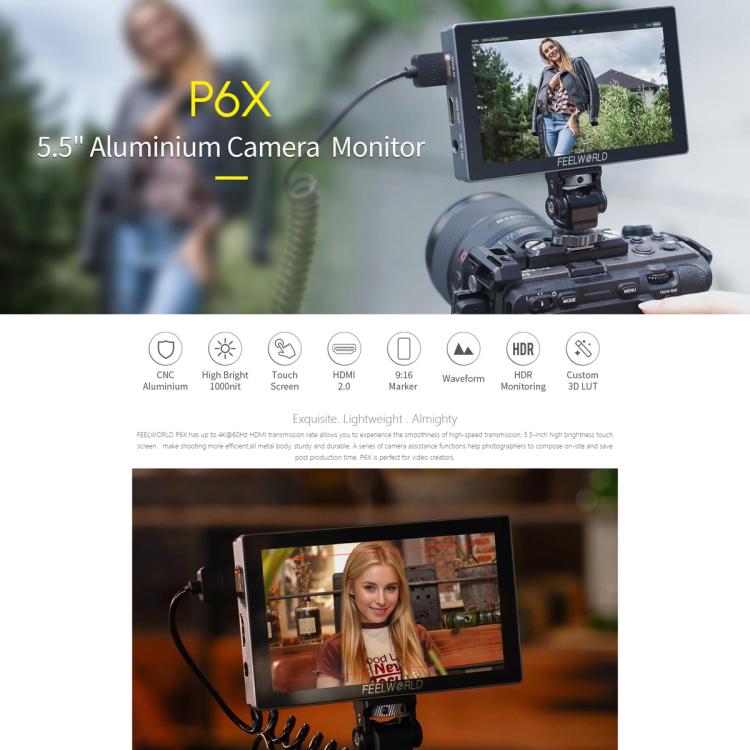 FEELWORLD P6X 5.5 inch Aluminium DSLR Camera Field Monitor Touch Screen 4K HDMI High Brightness 1000nit Monitor, P6X