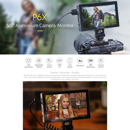 FEELWORLD P6X 5.5 inch Aluminium DSLR Camera Field Monitor Touch Screen 4K HDMI High Brightness 1000nit Monitor, P6X