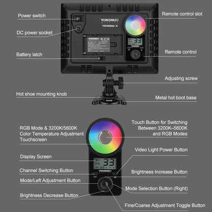 YONGNUO YN300Air II LED Vlog Light Panel RGB Full Range Photography Bi-Color 3200K-5600K, YN300Air II