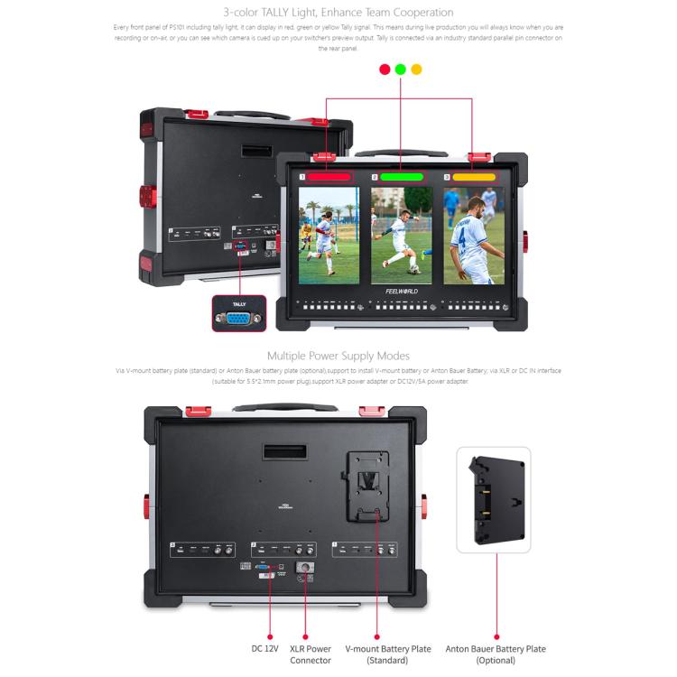 FEELWORLD PS101 Triple 10.1-inch Vertical Dispaly Carry-on Monitor High Brightness 1000nit Portable Protective Case