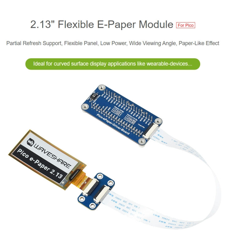 Waveshare 2.13 inch 212 x 104 Pixel Black / White Flexible E-Paper E-Ink Display Module for Raspberry Pi Pico, SPI Interface, 20124