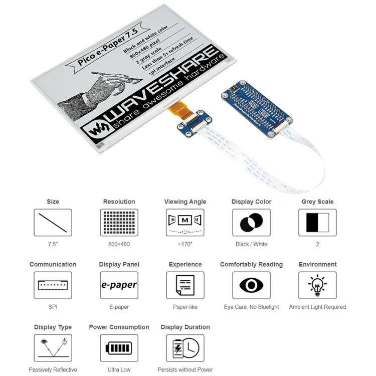 Waveshare 7.5 inch 800x480 pixel Black White E-Paper E-Ink Display Module for Raspberry Pi Pico, SPI Interface, 20128