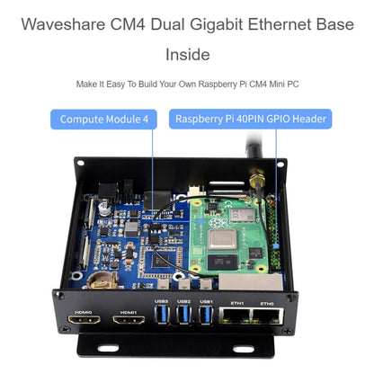 Waveshare Dual Gigabit Ethernet Mini-Computer with Metal Case & Cooling Fan for Raspberry Pi CM4, Dual Gigabit Ethernet