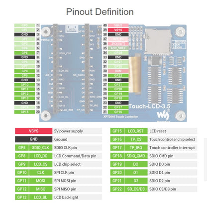 WAVESHARE 3.5 inch 65K Colors 480 x 320 Touch Display Module for Raspberry Pi Pico, SPI Interface, 3.5 inch