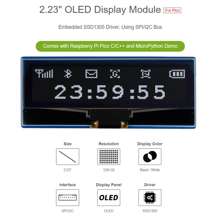 WAVESHARE 128 x 32 Pixel 2.23 inch OLED Display Module for Raspberry Pi Pico, SPI/I2C, 19750