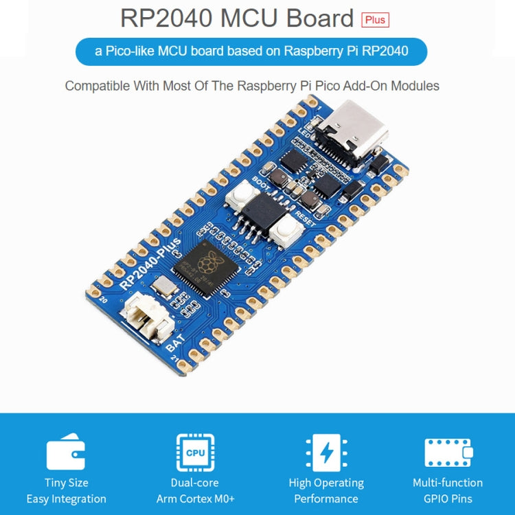 Waveshare RP2040-Plus Pico-like MCU Board Based on Raspberry Pi MCU RP2040, without Pinheader, RP2040-Plus without Pinheader