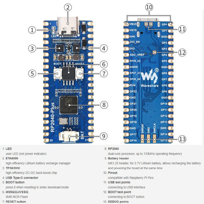 Waveshare RP2040-Plus Pico-like MCU Board Based on Raspberry Pi MCU RP2040, without Pinheader, RP2040-Plus without Pinheader