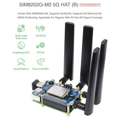 Waveshare SIM8202G-M2 5G HAT B Multi Band Snapdragon X55 Module Board for Raspberry Pi, SIM8202G-M2 5G HAT B
