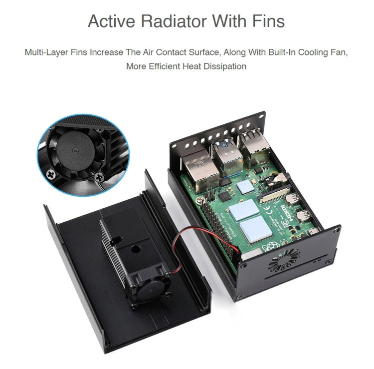 Waveshare Stripe Aluminum Cooling Case for Raspberry Pi 4, Built-In Active Radiator with Fins, Stripe Aluminum Cooling Case