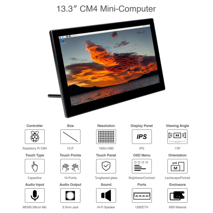WAVESHARE Mini-Computer Powered by Raspberry Pi CM4 Touch Screen, Raspberry Pi CM4 Touch Screen EU Plug, Raspberry Pi CM4 Touch Screen UK Plug, Raspberry Pi CM4 Touch Screen US Plug