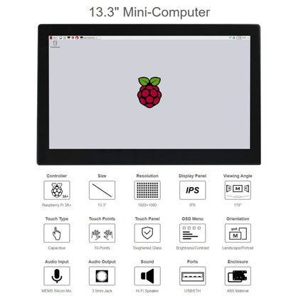 Waveshare 13.3 inch Mini-Computer Powered by Raspberry Pi 3A+, HD Touch Screen
