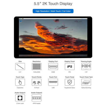 Waveshare 5.5 inch 1440 x 2560 2K Capacitive Touch LCD Display IPS Screen for Raspberry Pi , HDMI Interface, 5.5 inch