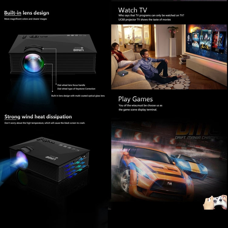 UC68+ 40ANSI 1024 x 600P Home Theater Multimedia HD LED Projector,  Support USB/SD/HDMI/VGA/IR, UC46+ Black