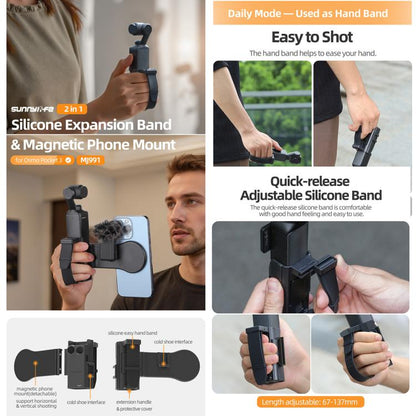 For DJI Osmo Pocket 3 Sunnylife Hand Band Magnetic Expansion Adapter Phone Teleprompter Holder Mount Extension Handle
