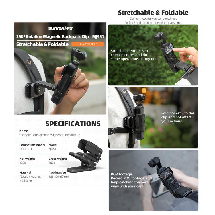 For DJI Osmo Pocket 3 Sunnylife Stretchable Backpack Clip Rotatable Magnetic Mount Action Camera Holder Vlog Mount, For DJI Osmo Pocket 3