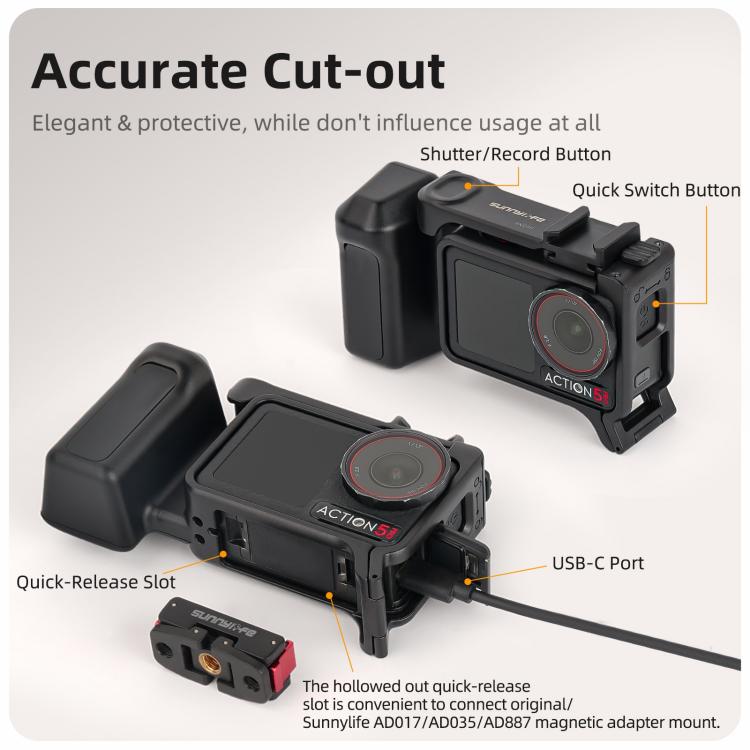 Sunnylife Street Photography Handle Ergonomic Hand Grip Quick Release Shutter Handle For DJI Action 5 Pro / 4 / 3, For DJI Action 5 Pro / 4 / 3