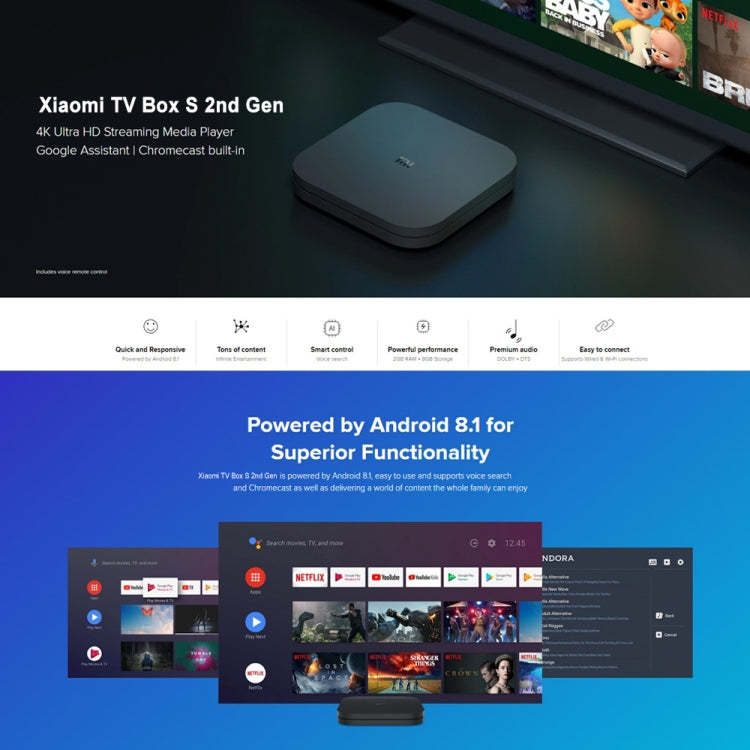 Xiaomi TV Box S 2nd Gen 4K HDR Google TV with Google Assistant Remote Streaming Media Player, Cortex-A55 Quad-core 64bit, 2GB+8GB, Google TV, EU Version, TV Box S 2nd Gen