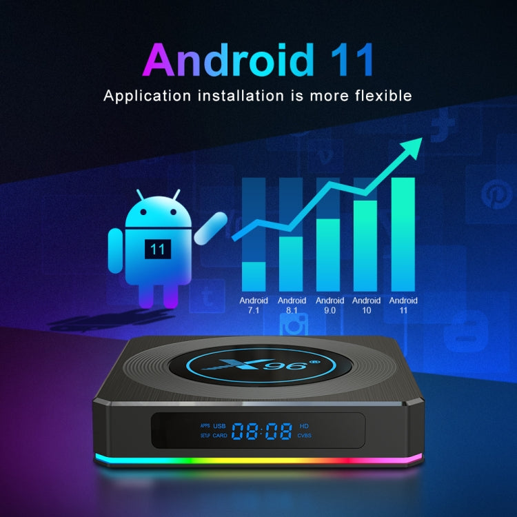 X96 X4 8K Smart TV BOX Android 11.0 Media Player with Remote Control, Amlogic S905X4 Quad Core ARM Cortex A55, RAM: 4GB, ROM: 64GB, Support 100M, Dual Band WiFi, Bluetooth, EU Plug, 4GB+64GB