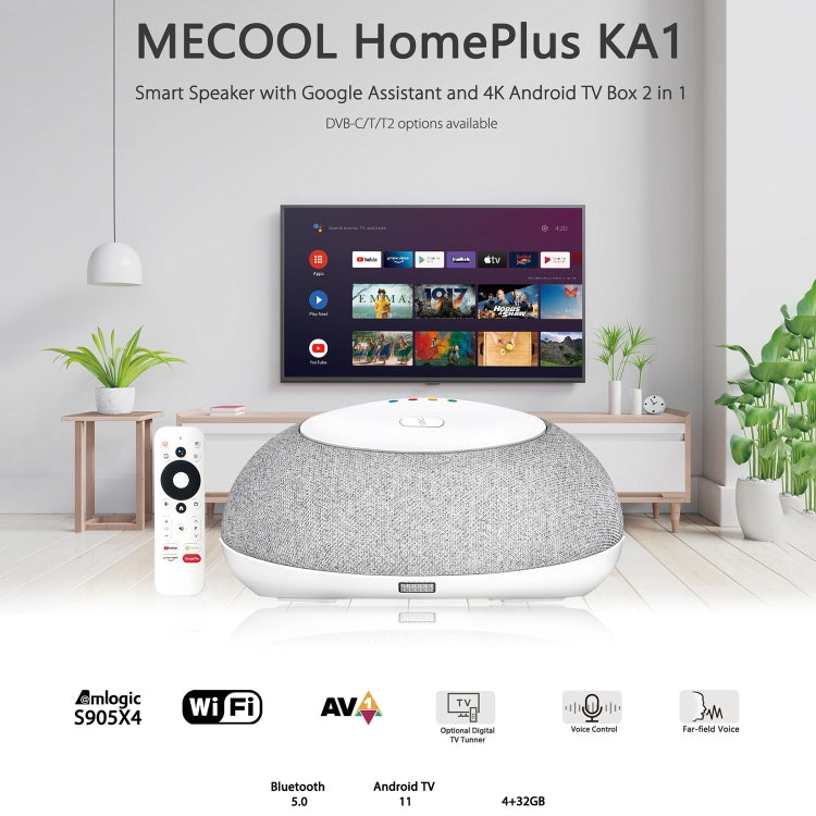 MECOOL KA1 Smart TV Speaker Android 11 TV Box with Remote Control, Amlogic S905X4 Quad Core Cortex-A55, 4GB+32GB, Dual-Band / Bluetooth / Ethernet / OTT, KA1-OTT