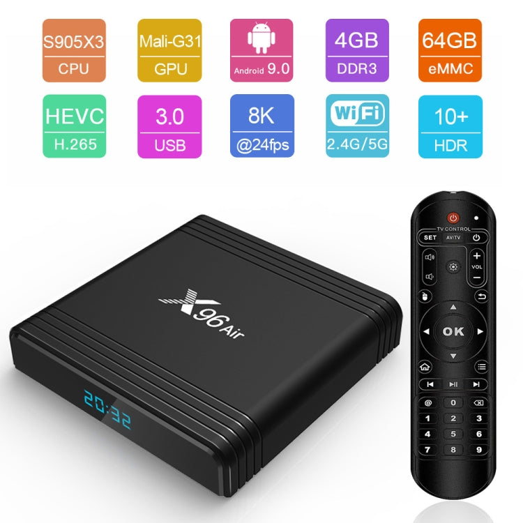 X96 Air 8K Smart TV BOX Android 9.0 Media Player with Remote Control, Quad-core Amlogic S905X3, RAM: 4GB, ROM: 32GB, Dual Band WiFi, Bluetooth, AU Plug, 4GB+32GB