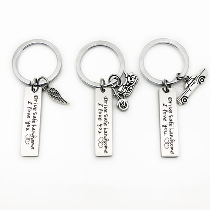 Creative Drive Safe Handsome Words Stainless Steel Keychain Key Rings, Wing Shape, Motorcycle Shape, Car Shape