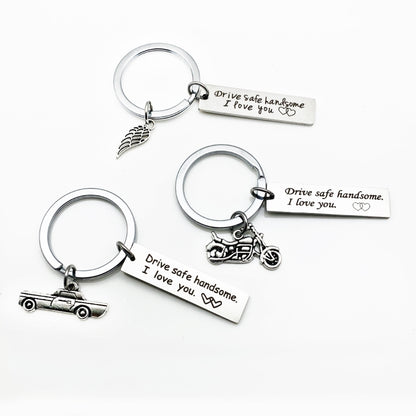 Creative Drive Safe Handsome Words Stainless Steel Keychain Key Rings, Wing Shape, Motorcycle Shape, Car Shape