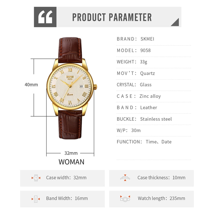 SKMEI 9058 Multifunctional Outdoor Fashion Waterproof Gold Shell Quartz Wrist Watch, Women Style Black Face Black Strap, Women Style Silver Face Brown Strap, Women Style Gold Face Brown Strap, Men Style Silver Face Brown Strap...